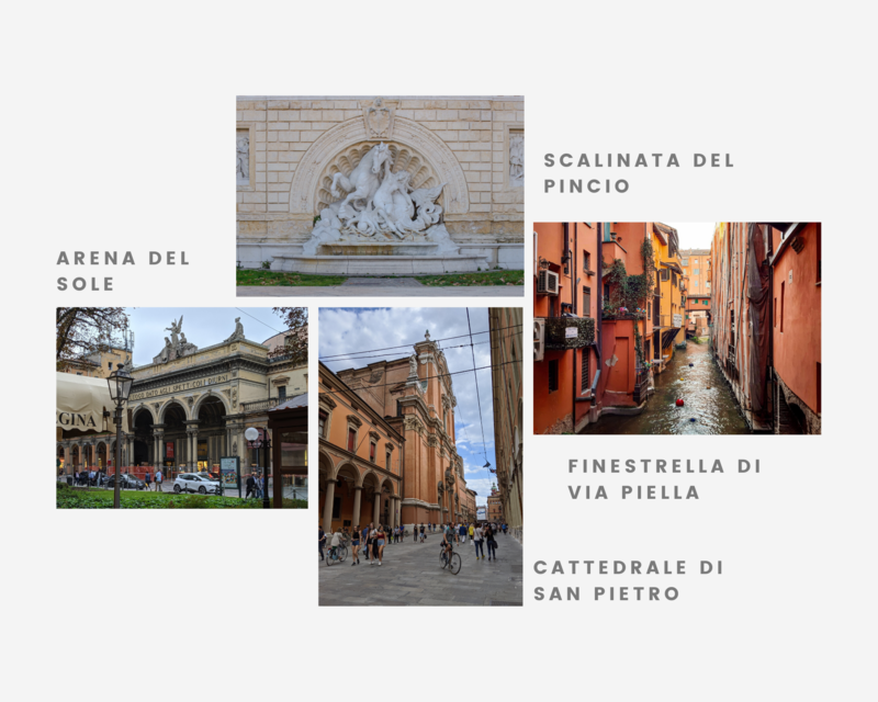 Immagini dei luoghi di interesse di un itinerario gastronomico a Bologna
