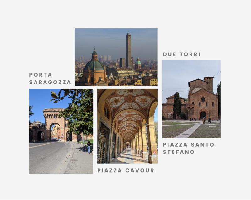 Foto di alcuni luoghi di interesse di un itinerario gastronomico a Bologna