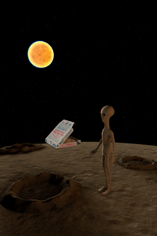 Un alieno sulla Luna che osserva un cartone di pizza che fluttua